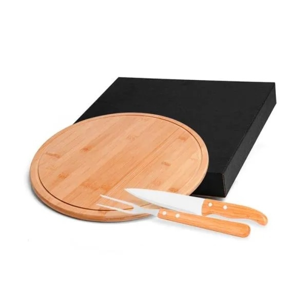 Conj. Para Pizza E Churrasco Em Bambu/Madeira/Inox - 35Cm - 3 Pçs-MB-10063