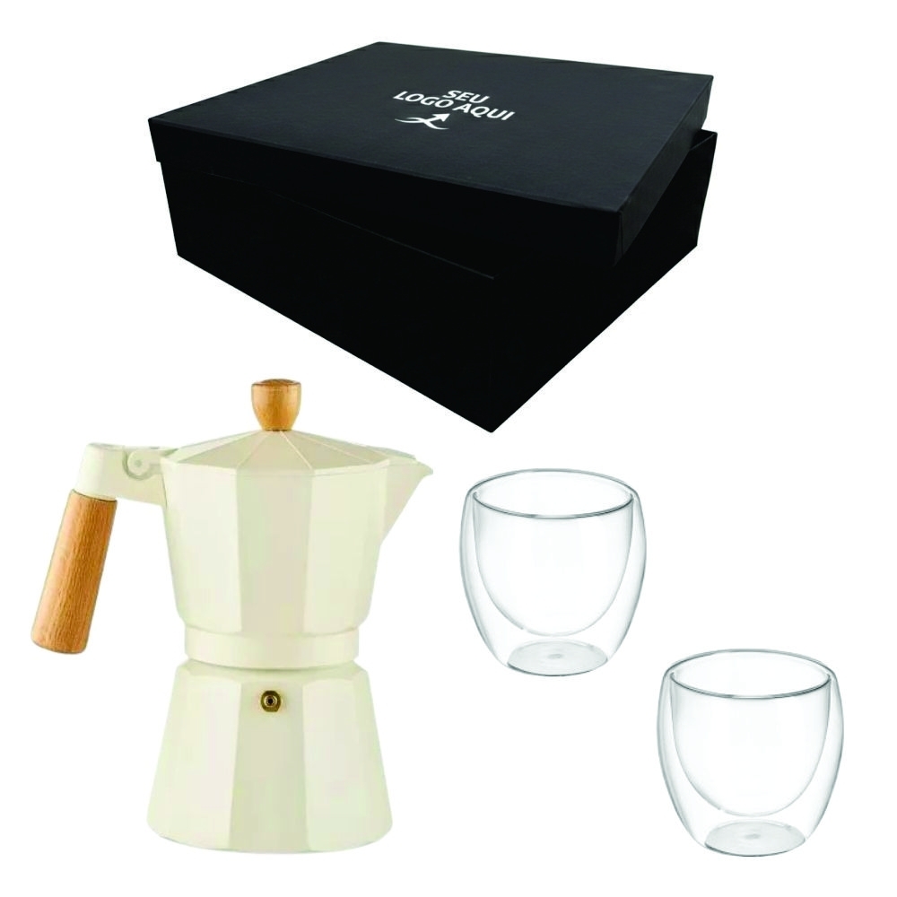 Kit Cafeteria Personalizado com Copo de Vidro e Cafeteira Italiana