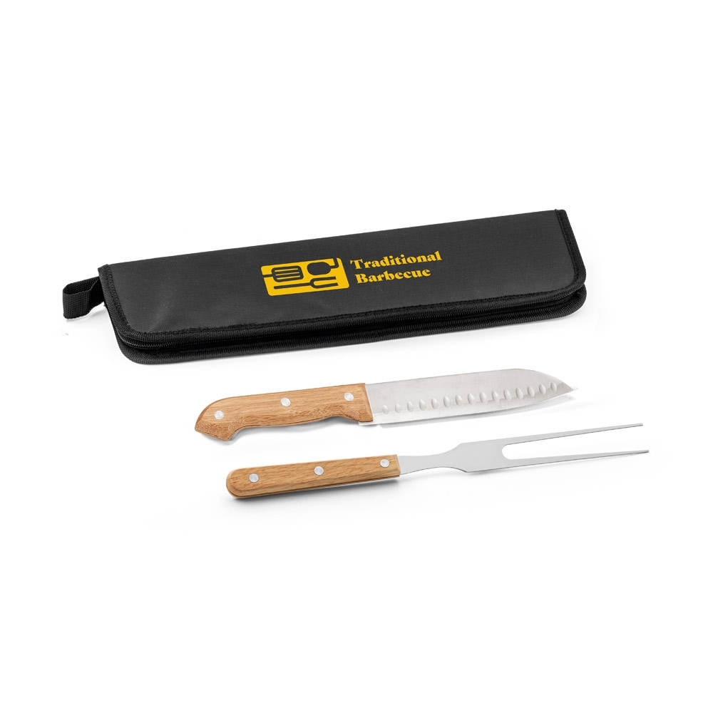 Kit Churrasco Personalizado com Estojo 210D, Faca Japonesa e Garfo em Aço Inox