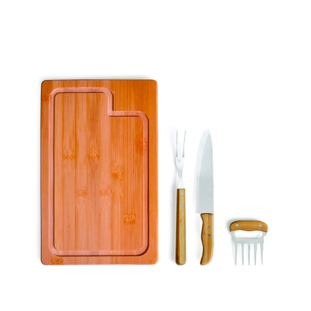 Kit Churrasco em Bambu com Faca, Garfos e Tábua