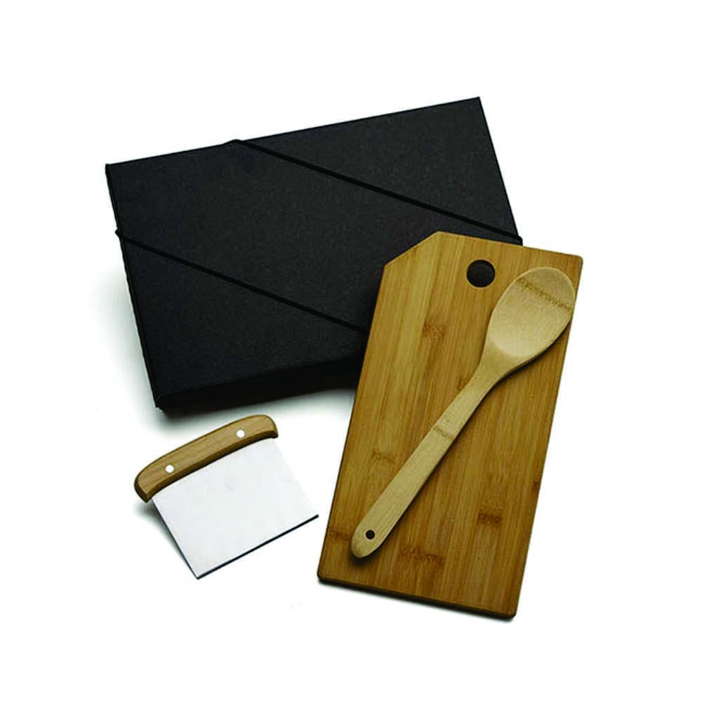 Kit Para Cozinha Em Bambu Inox Com Espátula Multiuso - 3 Pçs